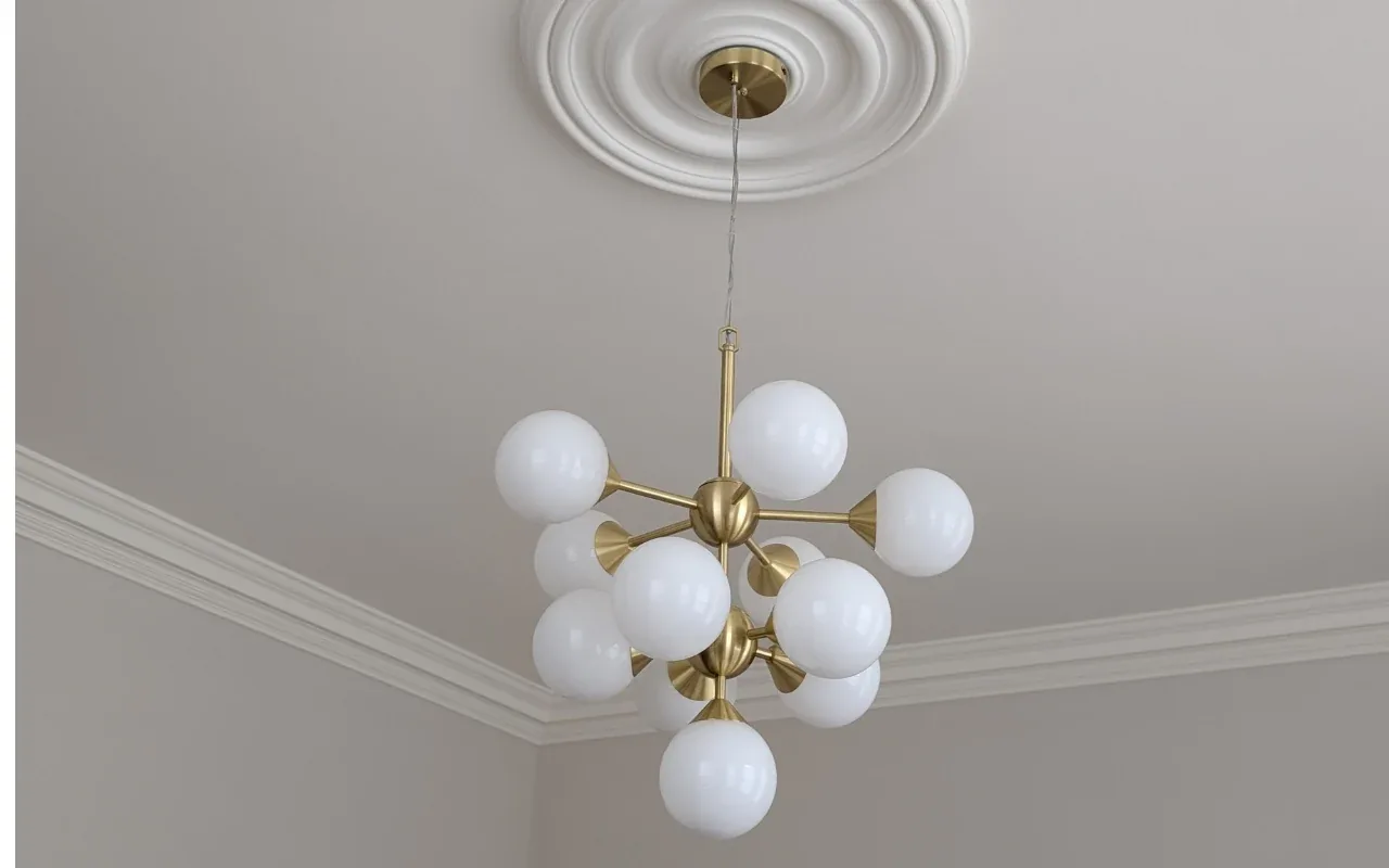 Brass globe chandelier installed on a ceiling rose